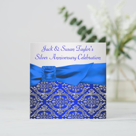 Royal Blue Silver Damask Silver 25-jähriges Besteh Einladung (Stehend Vorderseite)