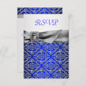 Royal Blue Silver Damask Silver 25-jähriges Besteh RSVP Karte (Vorne/Hinten)