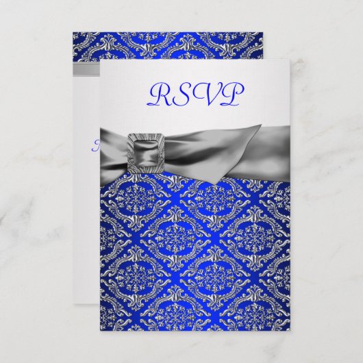 Royal Blue Silver Damask Silver 25-jähriges Besteh RSVP Karte (Vorne/Hinten)