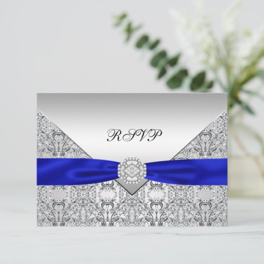 Royal Blue Silver Diamond Wedding RSVP (Stehend Vorderseite)