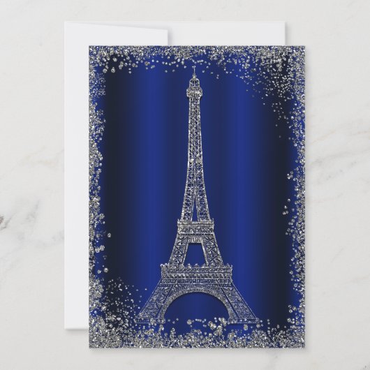 Royal Blue Silver Eiffel Tower Chic Brautparty Einladung (Rückseite)