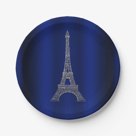 Royal Blue Silver Eiffel Tower Paris Chic Wedding Pappteller (Vorderseite)