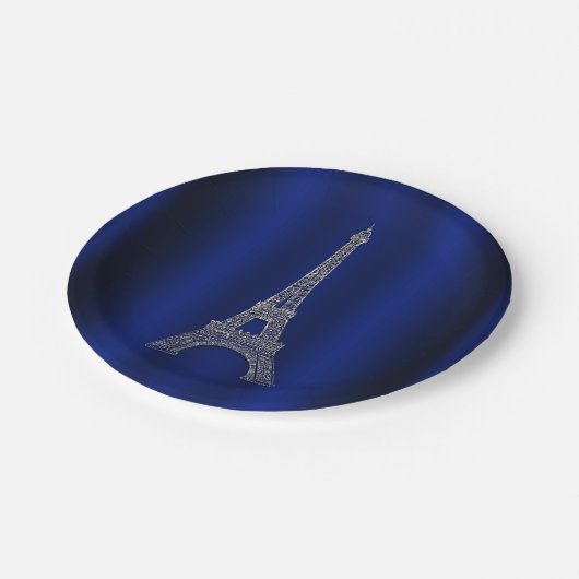 Royal Blue Silver Eiffel Tower Paris Chic Wedding Pappteller (Schrägansicht)