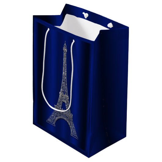 Royal Blue Silver Eiffel Tower Paris Gastgeschenk  Mittlere Geschenktüte (Vorderseite Schrägansicht)