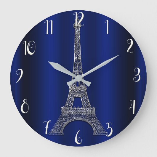 Royal Blue & Silver Eiffel Tower Paris Modern Glam Große Wanduhr (Vorderseite)