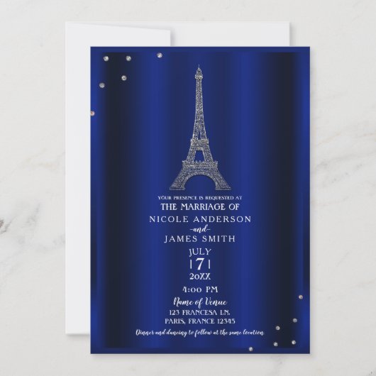 Royal Blue & Silver Eiffel Tower Paris Wedding Einladung (Vorderseite)