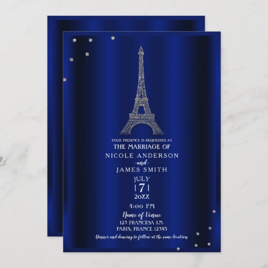 Royal Blue & Silver Eiffel Tower Paris Wedding Einladung (Vorne/Hinten)