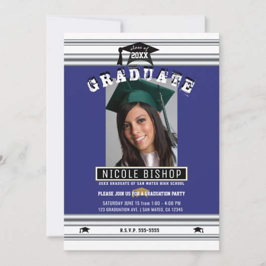 Royal Blue Silver Elegant Foto Graduation Party Einladung (Vorderseite)