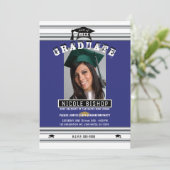 Royal Blue Silver Elegant Foto Graduation Party Einladung (Stehend Vorderseite)