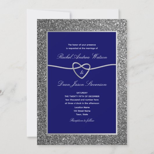 Royal Blue Silver Elegante Wedding Einladung (Vorderseite)