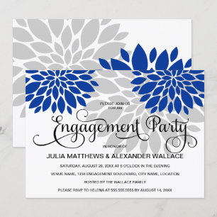Royal Blue Silver Floral Burst Engagement Party Einladung