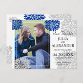 Royal Blue Silver Floral Burst Foto Save the Date Ankündigungspostkarte (Vorne/Hinten)