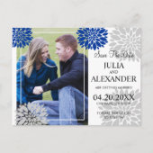 Royal Blue Silver Floral Burst Foto Save the Date Ankündigungspostkarte (Vorderseite)