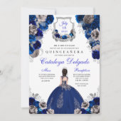 Royal Blue & Silver Floral Elegante Quinceañera Einladung (Vorderseite)