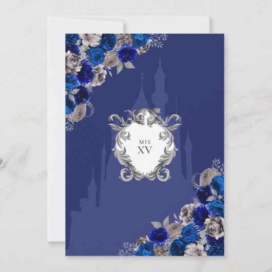 Royal Blue & Silver Floral Elegante Quinceañera Einladung (Rückseite)