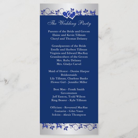 Royal Blue, Silver Floral Hearts Wedding Program Programm (Rückseite)