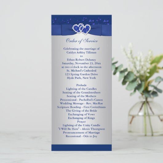 Royal Blue, Silver Floral Hearts Wedding Program Programm (Stehend Vorderseite)