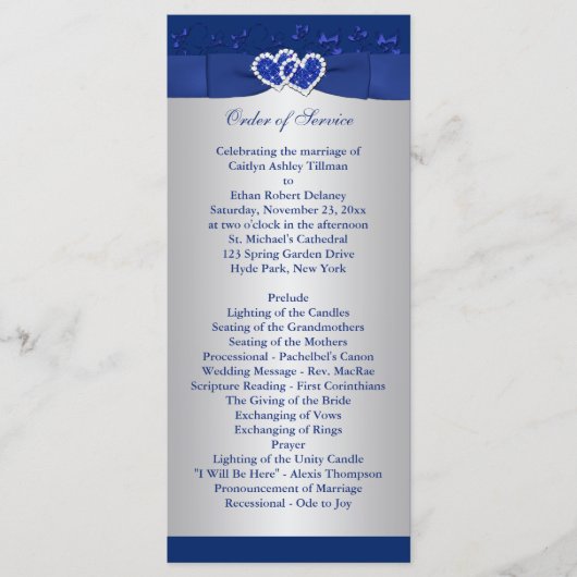 Royal Blue, Silver Floral Hearts Wedding Program Programm (Vorderseite)
