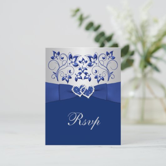 Royal Blue, Silver Floral, Hearts Wedding RSVP (Stehend Vorderseite)