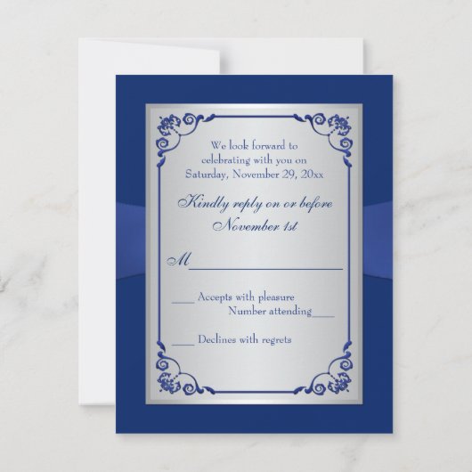 Royal Blue, Silver Floral, Hearts Wedding RSVP (Rückseite)
