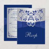 Royal Blue, Silver Floral, Hearts Wedding RSVP Karte (Vorne/Hinten)
