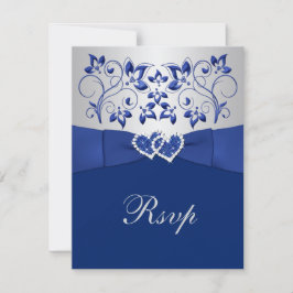Royal Blue, Silver Floral, Hearts Wedding RSVP Karte