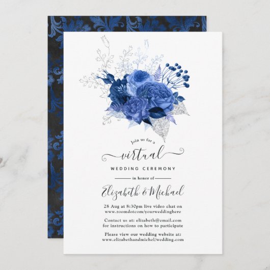 Royal Blue & Silver Floral Online Virtual Wedding Einladung (Vorne/Hinten)