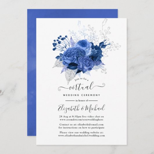 Royal Blue & Silver Floral Online Virtual Wedding Einladung (Vorne/Hinten)