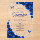 Royal Blue Silver Floral Quinceanera Acryleinladungen (Vorderseite)