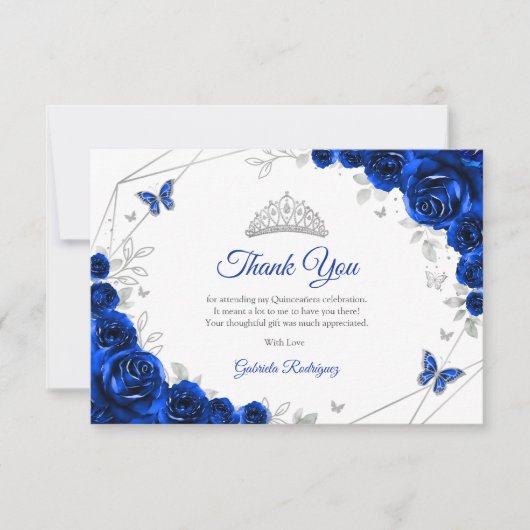 Royal Blue Silver Floral Quinceanera Dankeskarte (Vorderseite)
