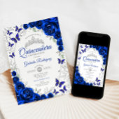 Royal Blue Silver Floral Quinceanera Einladung