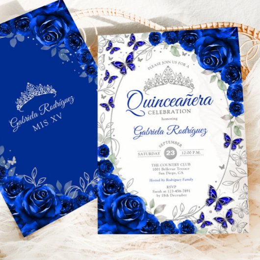 Royal Blue Silver Floral Quinceanera Einladung