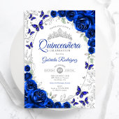 Royal Blue Silver Floral Quinceanera Einladung