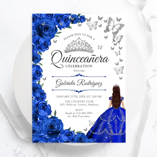 Royal Blue Silver Floral Quinceanera Einladung