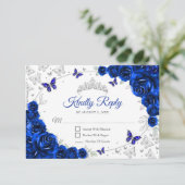 Royal Blue Silver Floral Quinceanera Reply RSVP Karte (Stehend Vorderseite)
