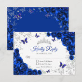 Royal Blue Silver Floral Quinceanera Reply RSVP Karte (Vorne/Hinten)
