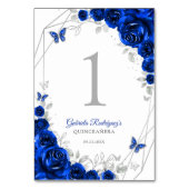 Royal Blue Silver Floral Quinceanera Tischnummer (Rückseite)