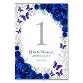 Royal Blue Silver Floral Quinceanera Tischnummer (Rückseite)