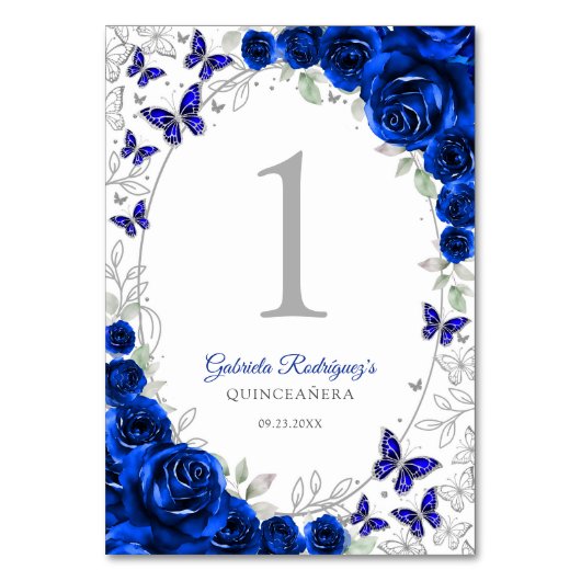 Royal Blue Silver Floral Quinceanera Tischnummer (Vorderseite)