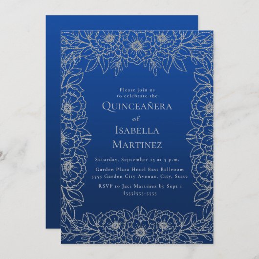 Royal Blue Silver Floral Quinceñera Sweet 15 Einladung (Vorne/Hinten)