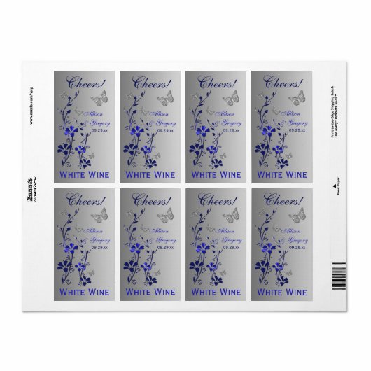 Royal Blue, Silver Floral Wedding Bottle Label 2 (Vorne)