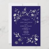 Royal Blue Silver Floral Wedding Einladung (Vorderseite)