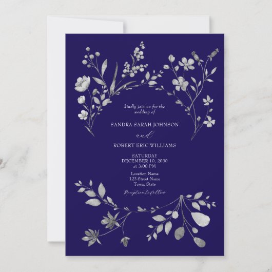 Royal Blue Silver Floral Wedding Einladung (Vorderseite)