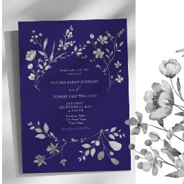 Royal Blue Silver Floral Wedding Einladung
