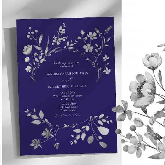 Royal Blue Silver Floral Wedding Einladung