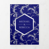 Royal Blue Silver Flourish Swirl Wedding Photo Dreifach Gefaltete Einladung (Cover)