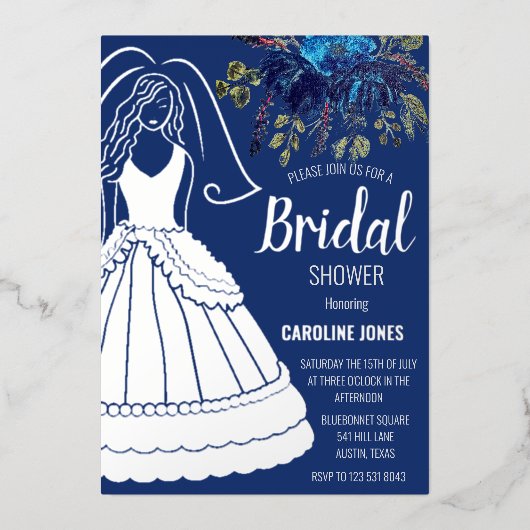 Royal Blue Silver Foil Blumendress Brautparty Folieneinladung (Vorderseite)