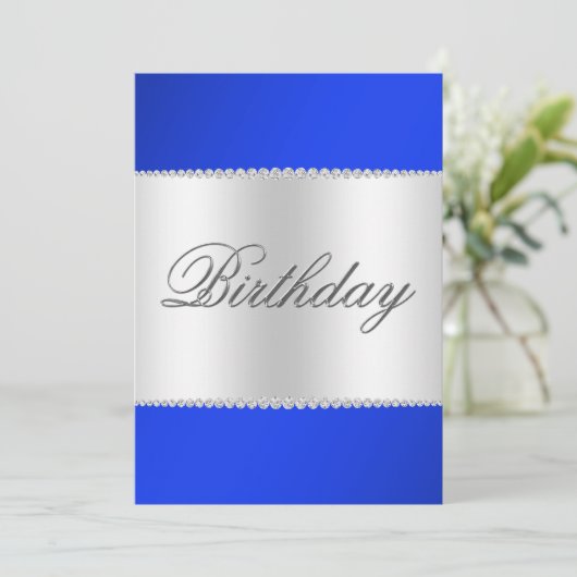 Royal Blue, Silver & Gemis Geburtstag Einladung (Stehend Vorderseite)