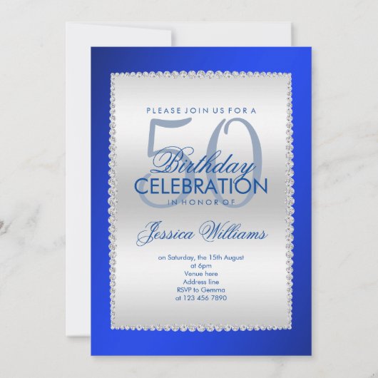 Royal Blue, Silver & Gemis Geburtstag Einladung (Rückseite)