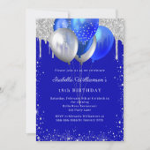 Royal blue silver glitter balloons birthday einladung (Vorderseite)